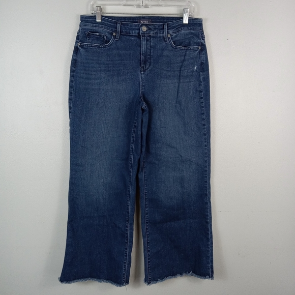 NYDJ Teresa Wide Leg Jeans Womens 10 Blue Raw Hem Dark Wash High Rise Stretch - Picture 1 of 8
